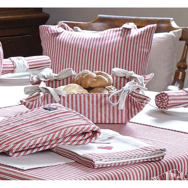 Red Ticking striped Bread Basket with ties