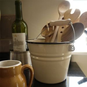 Small cream enamel  bucket with wooden handle