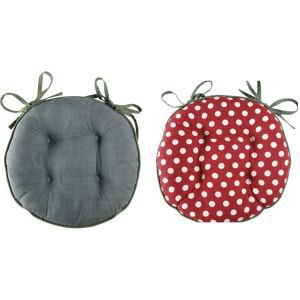 Round reversible chair pad with ties  - dotty red and teal