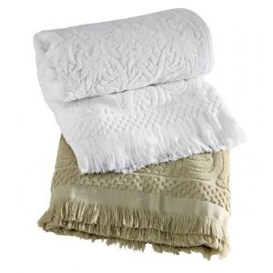 White embossed fringed hand towel