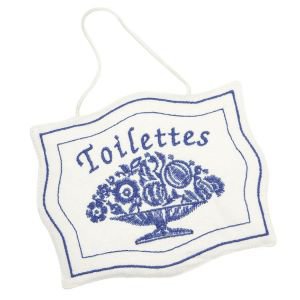 Hanging Blue and White door sign Toilettes