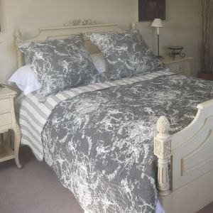 Hand quilted Toile de Jouy bedcover - Charcoal and Ivory 240 x 260