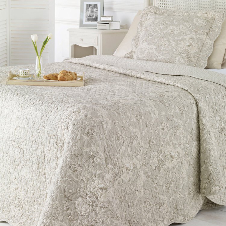 King Size Light Grey Toile de Jouy Quilted Bed Cover